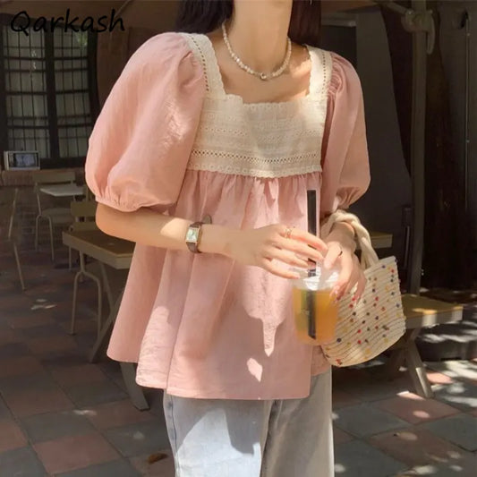 Blouses for Women Patchwork Lace Summer Lovely Aesthetic All-match Sweet Short Sleeve Korean Style Blusas Ropa Mujer Casual Tops