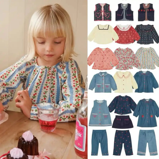 2025 New Kids Girls Clothes AW New Toddler FL Cute Bow Strawberry Printed Dresses Denim Vest Dress Jeans Children Clothing