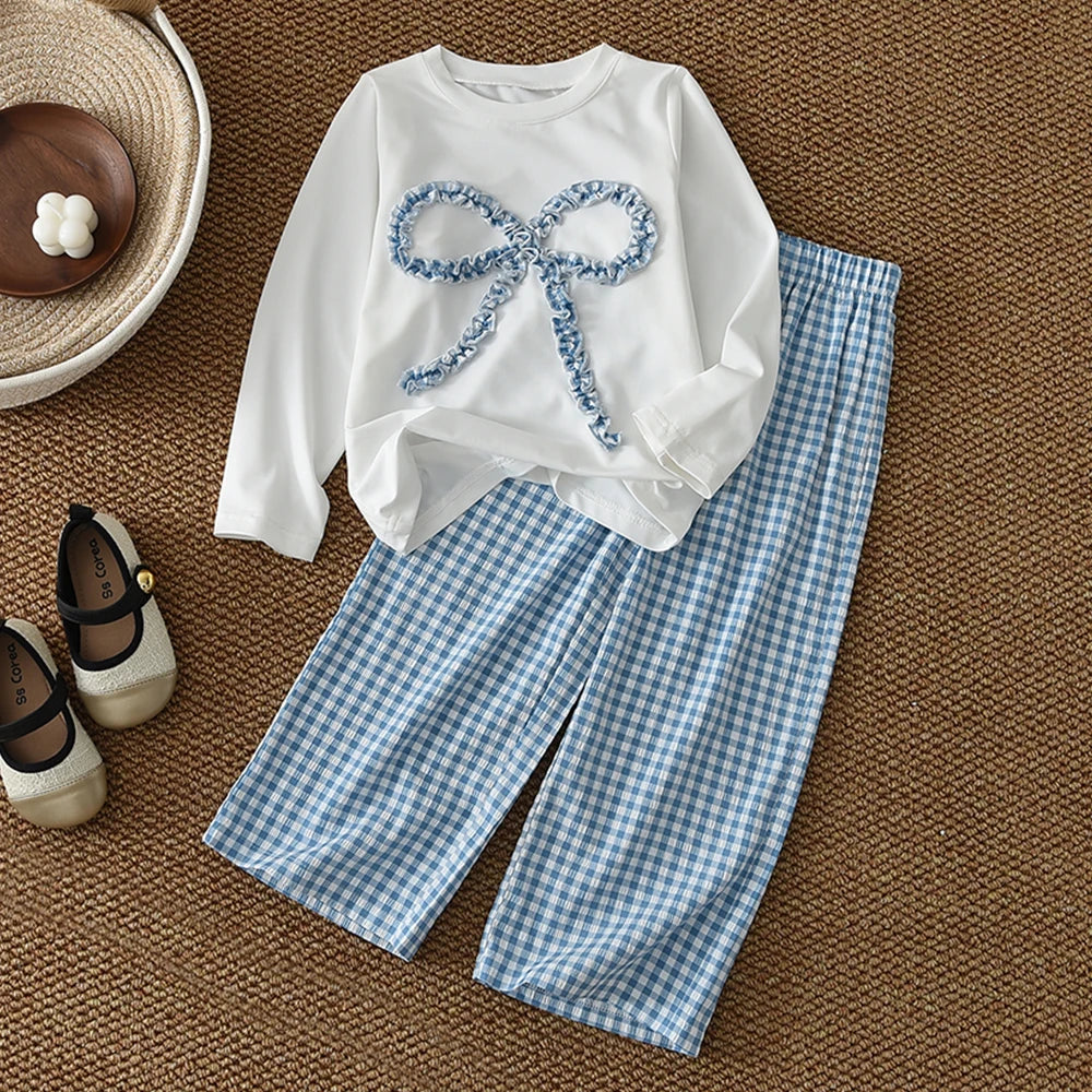 Children's Clothing Autumn Fashionable New Girls Clothes Blue Bow Long Sleeved Top + Checkered Printed Pants Two-piece Set