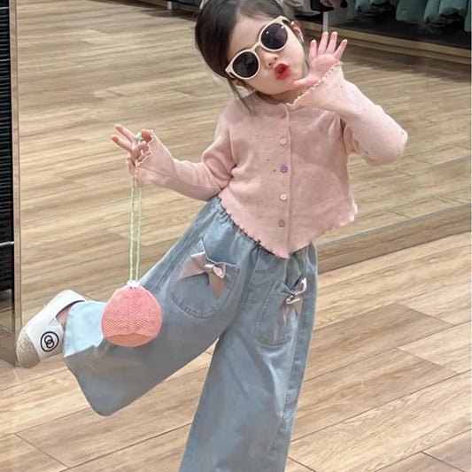 Children's Clothing Sets Pink Long-sleeved Sweater + Bow Denim Wide-leg Pants 2pcs Girls Clothes 2 To 6 Years Baby Girl Clothes