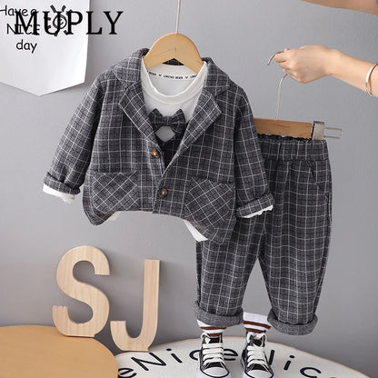 Children Clothing Spring Autumn Baby Boys Wear Infant Lapel Plaid T-Shirt Pants 3pcs/sets Toddler Casual Suit 0-5 Years