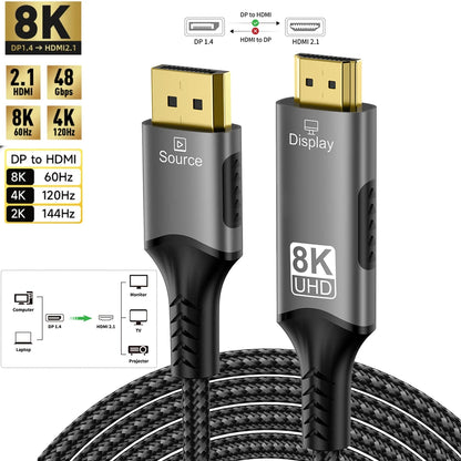 DisplayPort to HDMI-Compatible Cable DP1.4 to HDMI 2.1 Converter 8K@60Hz 4K@120Hz HDR For Desktop Laptop PC TV Monitor Projector