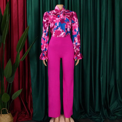 Women 2 Pieces Pants Sets Printed Blouse & Long Trousers Fashion Elegant Ladies Outfits Two Pieces Matching Pants Sets Clothes