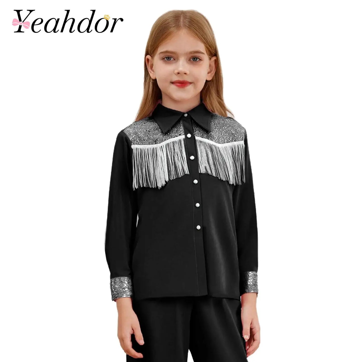 Children Clothes Kid Girls Sequins Fringe Shirt Lapel Long Sleeves Button-down Shirts Western Cowgirl Dress Up Halloween Costume