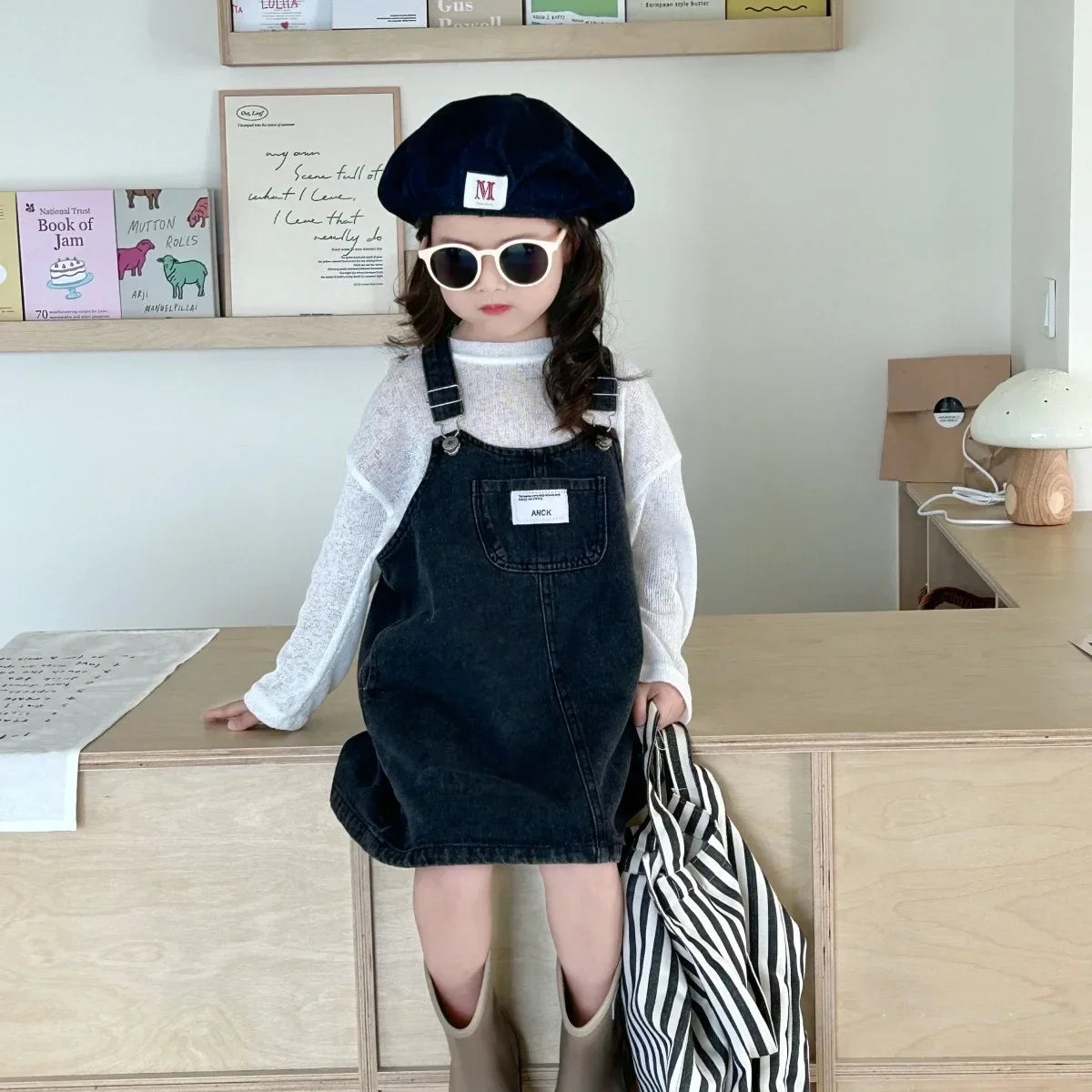 Children Clothing Girls Denim Dress Spring 2024 New Fashion Casual Large Pocket Strap Casual Simple Solid Color Girls Dress