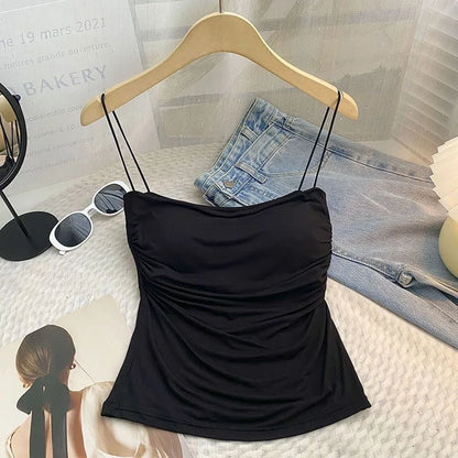 Women Sexy Ruched Camisole Top with Built-in Bra Solid Color Spaghetti Sweet and Spicy Sleeveless Outerwear Vest