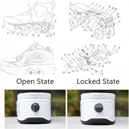 Roller Shoes Adult Unisex Retractable Four Wheels Walk Shoe Girls Boys Parkour Sneaker Stylish Skate 2 in 1 Removable Pulley