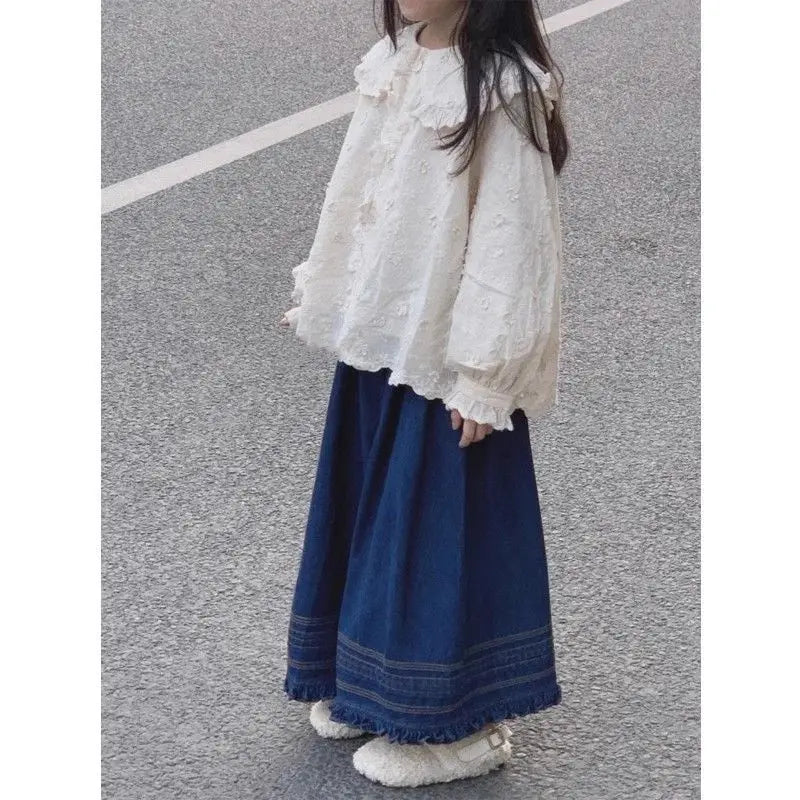 Children's clothing 2025 new spring outfit girls' set children's embroidered doll collar long sleeved shirt denim wide leg pants