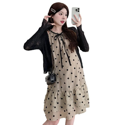 Pregnant Women's Clothing 2025 Summer New Style Reduced Age French Polka Dot Dress Two-piece Set