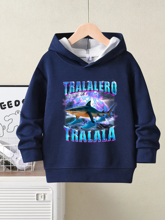 Children's clothing hoodie; shark print pattern; trendy boys' top; hooded pullover sweatshirt to be worn as outerwear.