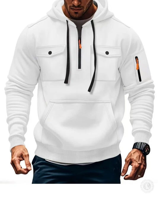 Men's Casual Sports Hoodie Spring Autumn Fashion Arm Pocket Pull Rope Hooded Long-Sleeved Top Loose Solid Color Pullover Blouse