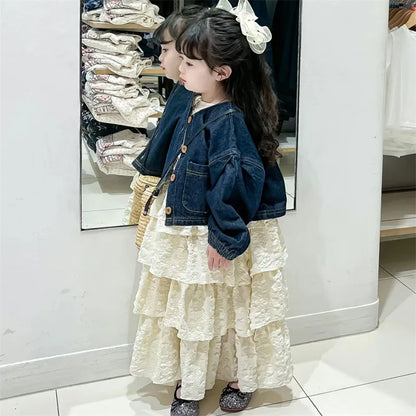 Korean Children's Clothing 2024 Spring and Autumn New Set Children Suspender Cake Skirt Denim Jacket Two-piece Set