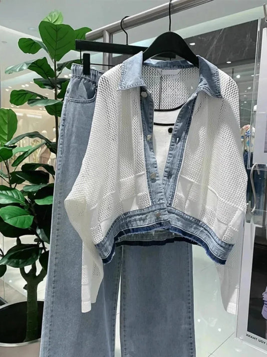 2025 Women Clothing Streetwear Fashion Coats Patchwork Denim Hollow Out Y2k Tops Korean Outwear Casual Loose Jackets Ropa Mujer