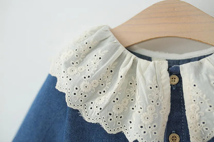 Children's Clothing Autumn Girls' Dress Children's Long-sleeved Foreign Denim Skirt Children's Baby Lace Collar Princess Dress