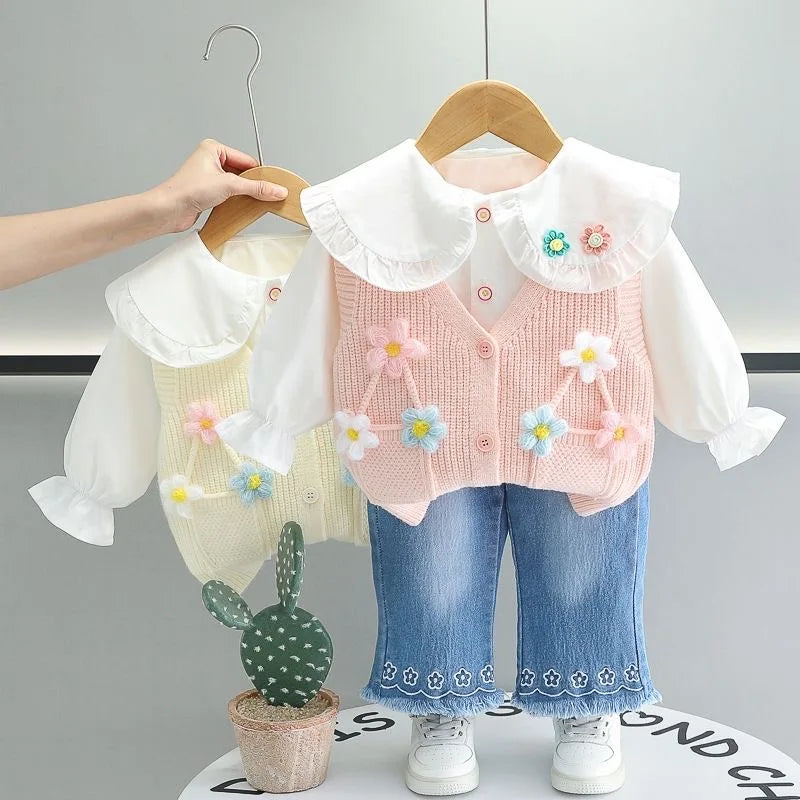 Children Clothing Sets for Girls T Shirt Floral Vest Bow Jeans Spring Autumn Toddler Baby Clothes Infant Outfits Kids Tracksuit