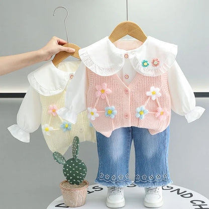 Children Clothing Sets for Girls T Shirt Floral Vest Bow Jeans Spring Autumn Toddler Baby Clothes Infant Outfits Kids Tracksuit