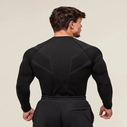 Ropa ajustada para hombre, ropa deportiva para entrenamiento, fitness, correr, cuello redondo largo estampado elástico a la moda