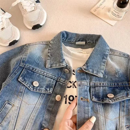 Children's Clothing Denim Jacket 2025 Autumn New Item for Boys and Girls Solid Color Ripped Denim Jacket Baby Versatile Top