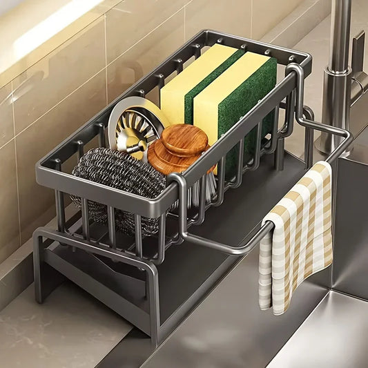 Sponge Holder for Kitchen Sink, Plastic Auto Draining Kitchen Sink Organizer, Sink Caddy with Removable Brush Holder