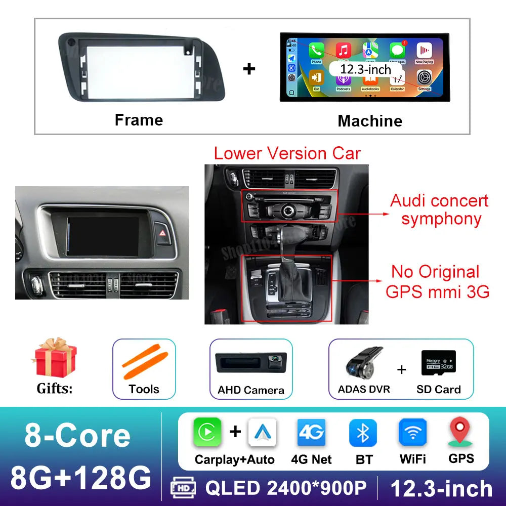 12.3 inch GPS Navigation Wireless Carplay Android 14 for Audi Q5 2009 - 2017 BT Car Multimedia Video Radio Player 4G Auto Tools
