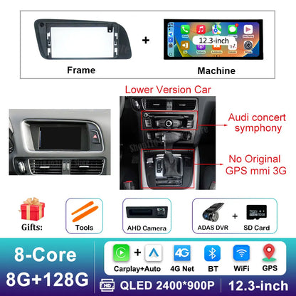 12.3 inch GPS Navigation Wireless Carplay Android 14 for Audi Q5 2009 - 2017 BT Car Multimedia Video Radio Player 4G Auto Tools