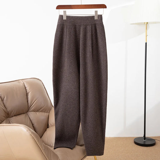 100% merino wool women's knitted trousers, popular, warm, creased, harem pants 2024 autumn and winter new style