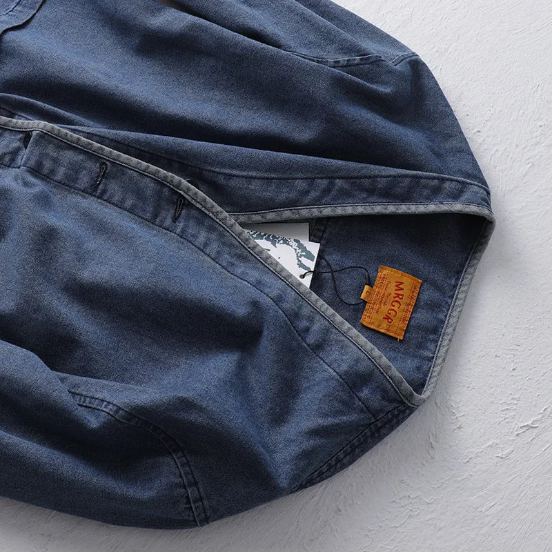 Hip Hop Men's Washed Workwear Denim Jacket Spring Autumn Collarless Taoist Robe V-neck Jackets And Coats Streetwear