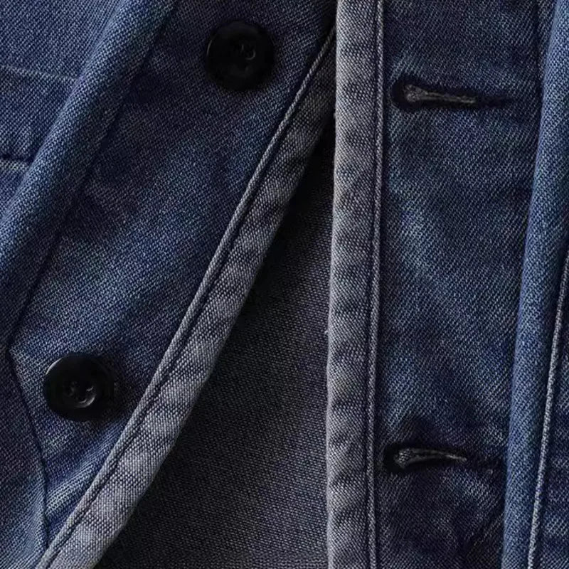 Hip Hop Men's Washed Workwear Denim Jacket Spring Autumn Collarless Taoist Robe V-neck Jackets And Coats Streetwear