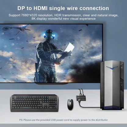 DP1.4 to HDMI-Compatible/Displayport Splitter UHD 1x2 MST SST Hub 8K@30Hz 4K @120Hz HDR 4:4:4 for DP HD Video Displays Splitter