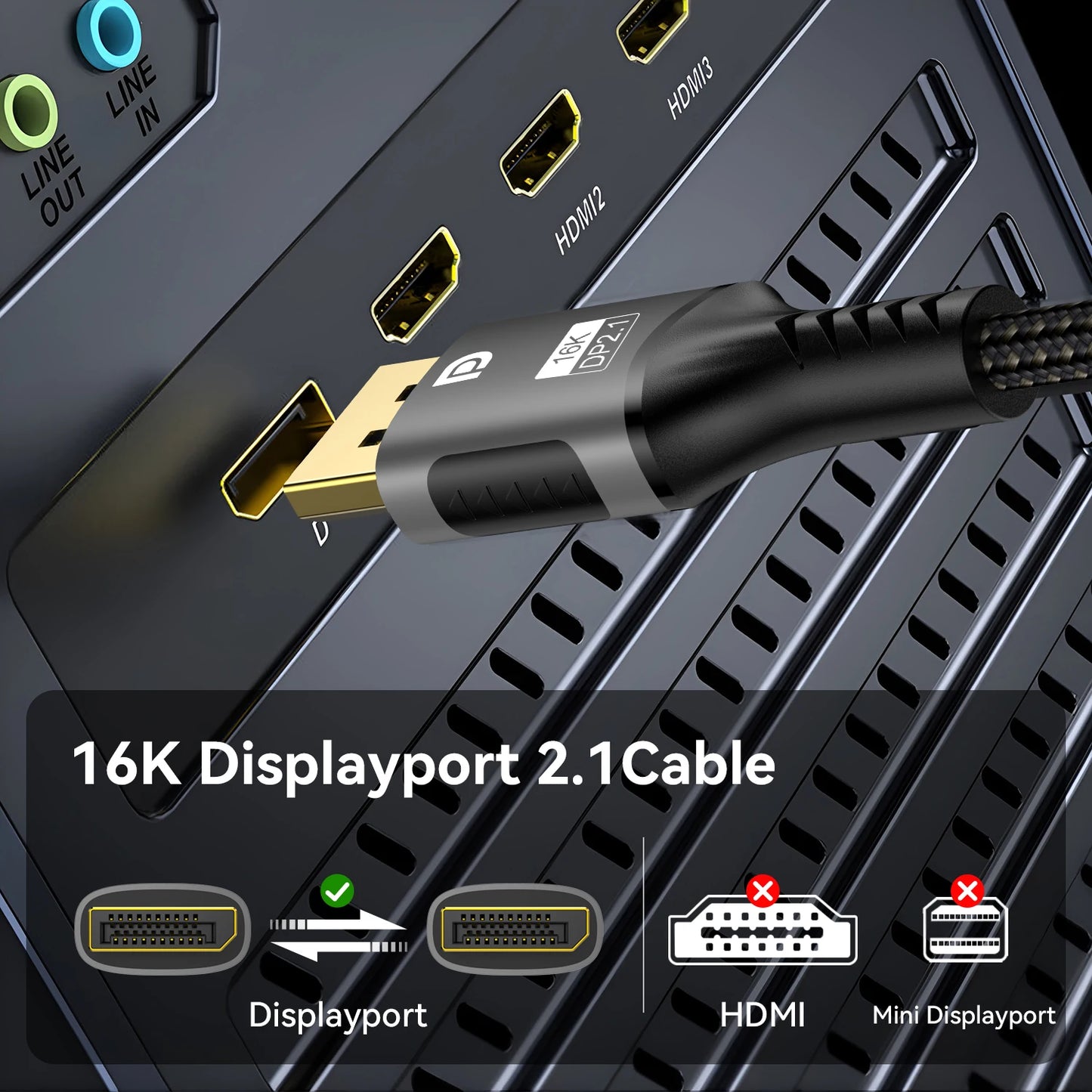 16K DP 2.1 8K@120Hz 4K@240Hz 80Gbps HDR Video Audio Displayport Cable Display Port  for Laptop TV Xbox Projector Gaming Monitor