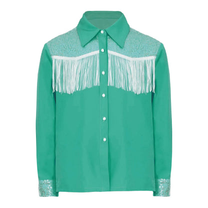 Children Clothes Kid Girls Sequins Fringe Shirt Lapel Long Sleeves Button-down Shirts Western Cowgirl Dress Up Halloween Costume