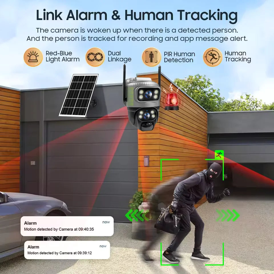 Solar 4G Camera PIR Human Detection CCTV Night Vision Waterproof Security Video IP Camara 8MP 4K Battery V380 Dual Lens Monitor
