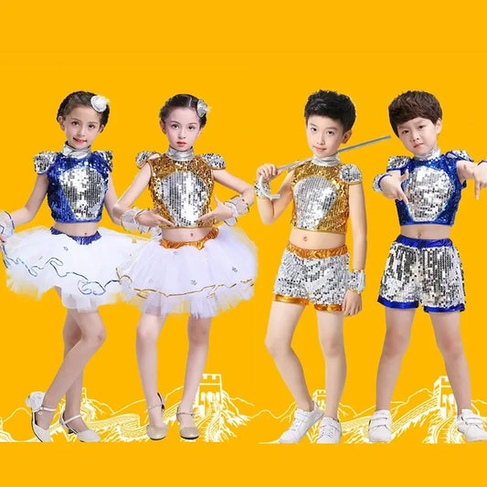 Show 2 Piece Set Children Costumes Summer Baby Girl Clothes Robe Fille Sequin Fashion Teen Boy Outfit Roupa Infantil Kids Suit