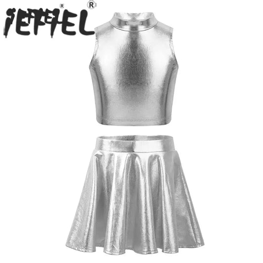 Children Clothing Girl Metallic Sleeveless Tops Flared Pleated A-Line Mini Short Skirt Kids Outfits 2pcs Clothes Set Dance Wear
