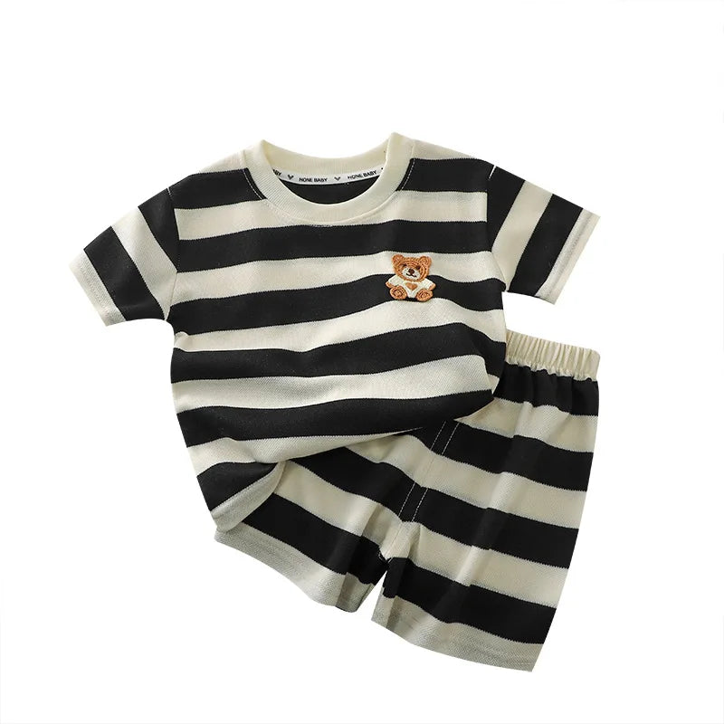 Children's Clothes Short-sleeved Suit Striped Top+shorts 2-piece T-shirt Summer Baby Clothes Children Clothing Boys Girls