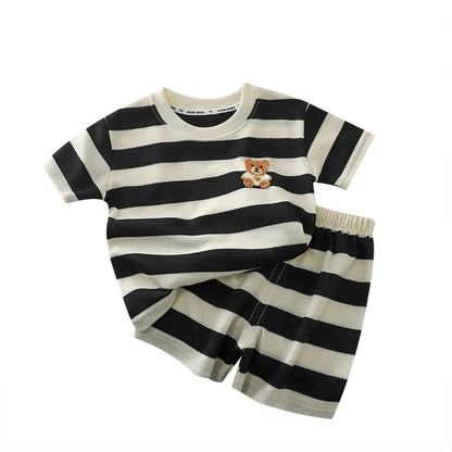 Children's Clothes Short-sleeved Suit Striped Top+shorts 2-piece T-shirt Summer Baby Clothes Children Clothing Boys Girls