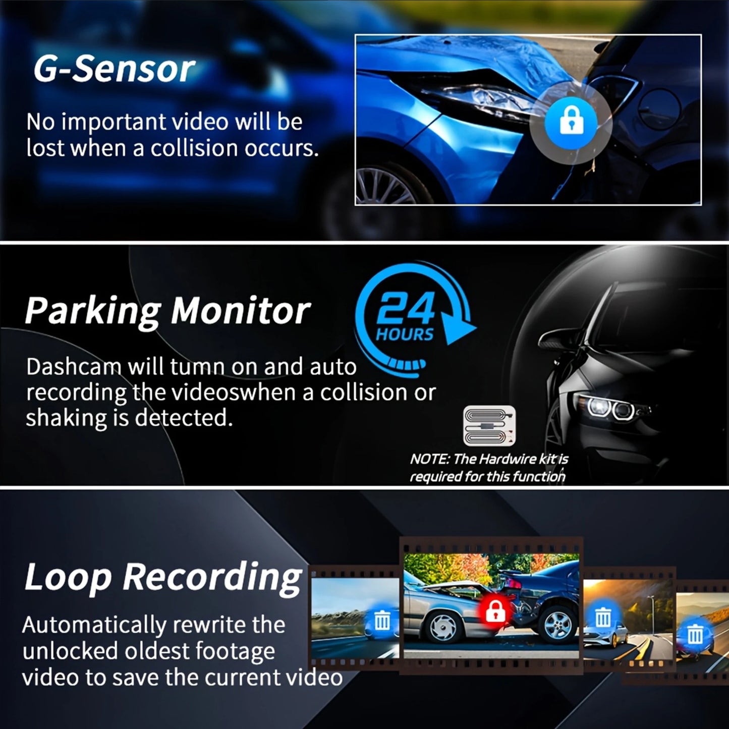 3 Cameraes Dash Cam 1080P Front and rear view camera Night Vision Parking Monit Car DVR 3way Car Video Recorder With Gift