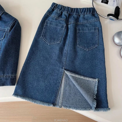 Teen Girl Clothes Little Baby 2 Piece Clothing DenimPiece Sets Fashion Children Autumn Outfits Kids Jacket and Long Skirts Two