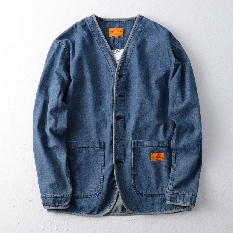 Hip Hop Men's Washed Workwear Denim Jacket Spring Autumn Collarless Taoist Robe V-neck Jackets And Coats Streetwear