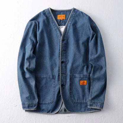 Hip Hop Men's Washed Workwear Denim Jacket Spring Autumn Collarless Taoist Robe V-neck Jackets And Coats Streetwear