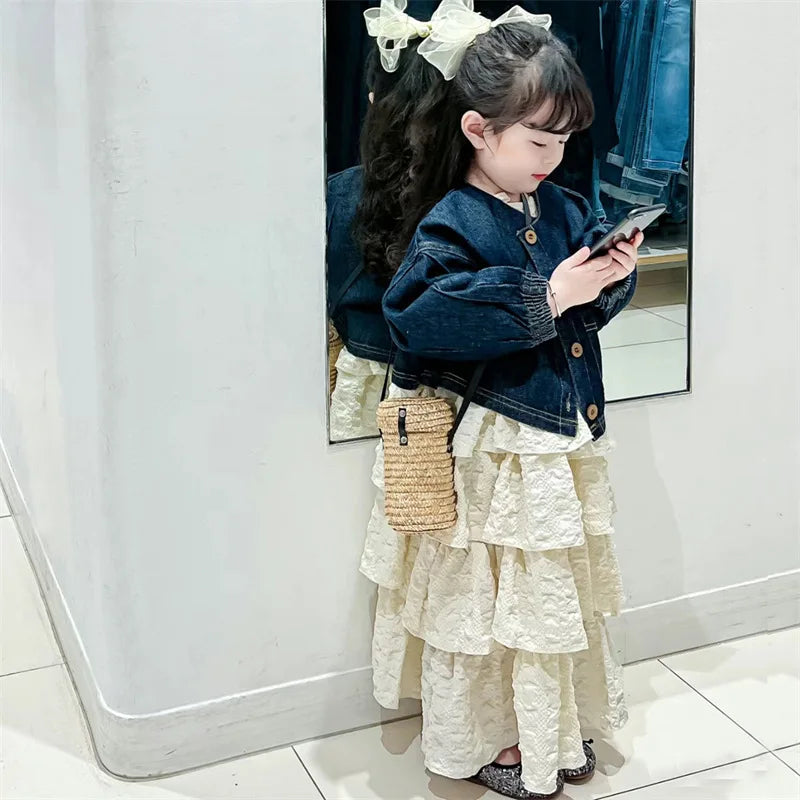 Korean Children's Clothing 2024 Spring and Autumn New Set Children Suspender Cake Skirt Denim Jacket Two-piece Set