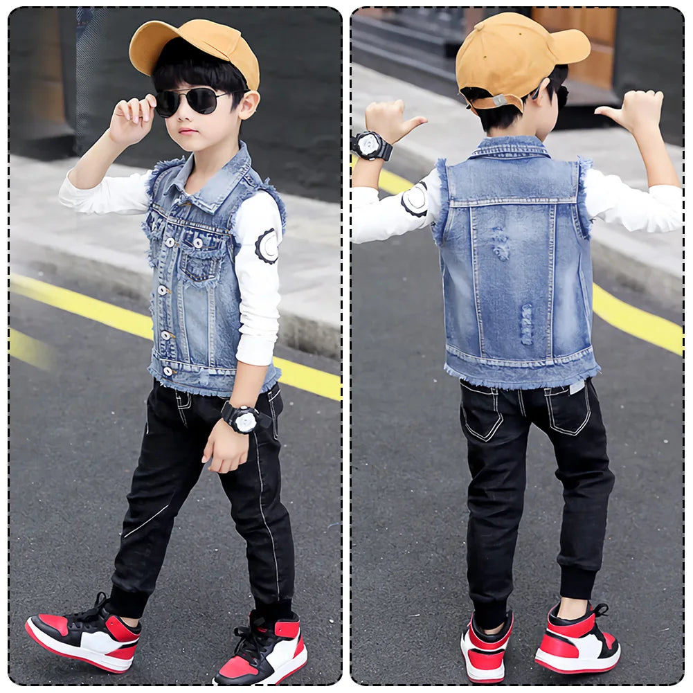 Kids Denim Jacket Boys Vest Coat Sleeveless Tassels Lapel Outerwear Casual Button Children's Cowboy Waistcoat Girls Denim Vest