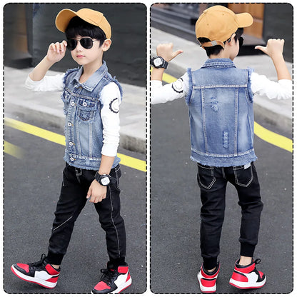 Kids Denim Jacket Boys Vest Coat Sleeveless Tassels Lapel Outerwear Casual Button Children's Cowboy Waistcoat Girls Denim Vest