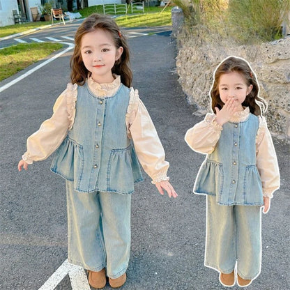 Children's Clothing Sets Girls Denim Vest + Long Sleeve Shirt + Wide Leg Pants Three-piece Suit Toddler Kids Boutique Clothes