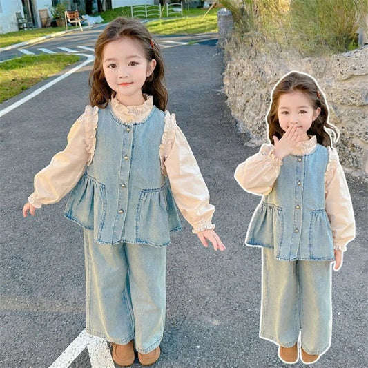 Children's Clothing Sets Girls Denim Vest + Long Sleeve Shirt + Wide Leg Pants Three-piece Suit Toddler Kids Boutique Clothes