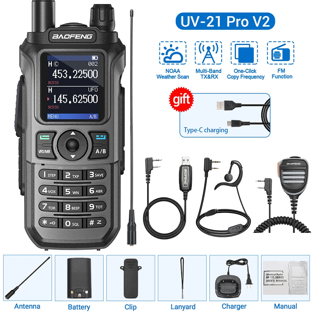 Baofeng UV-21 Pro V2 Wireless Copy Frequency Mutli Band Powerful Waterproof Long Range UV-5R Long Range Type-C Two Way Ham Radio