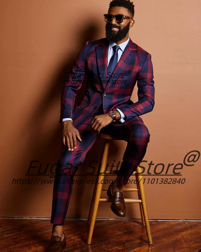 Fashion Plaid Prom Suits For Men Slim Fit Notched Lapel Groom Tuxedos 2 Pieces Sets Male Casual Blazers Handsome Ropa Hombre