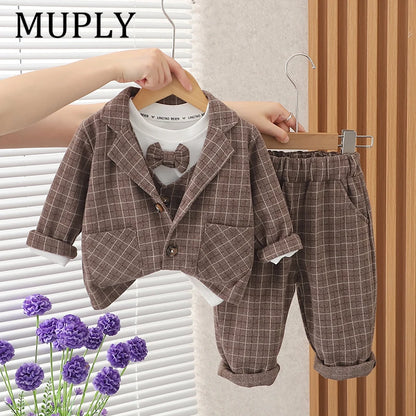 Children Clothing Spring Autumn Baby Boys Wear Infant Lapel Plaid T-Shirt Pants 3pcs/sets Toddler Casual Suit 0-5 Years