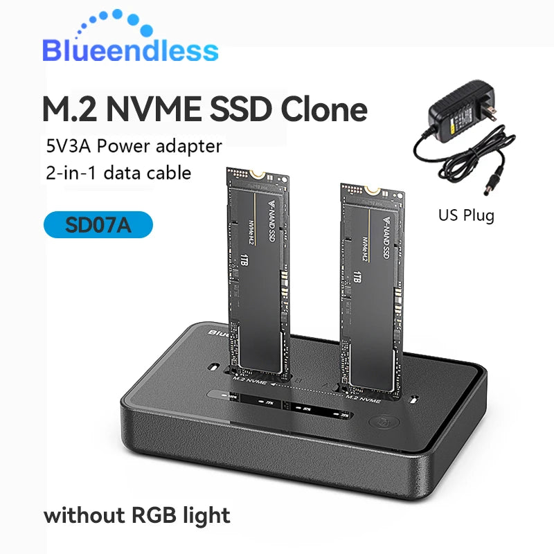 Blueendless Dual-Bay M.2 NVME SSD Clone Docking Station 20Gbps USB3.2 USB C Type C OFFline Cloner Duplicator NVme PCIE Enclosure