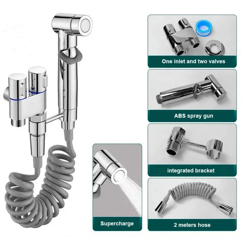 Zinc Alloy High Pressure Bidet Sprayer Kit - Bathroom Toilet Cleaner Spray Gun with 1 In 2 Out Angle Valve, Grey/Silver/Black